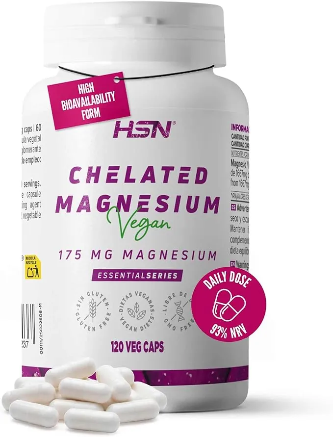 HSN Magnesio Bisglicinato 350mg (Mineral Elemental por dosis diaria) | 120 Cápsulas Vegetales | Magnesio Quelado de Alta Biodisponibilidad | Suplemento de Magnesio Vegano Sin Gluten, No-GMO