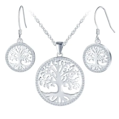 Yumilok Árbol de la vida colgante collar 925 plata de ley Zirconia árbol de la vida pendientes para las mujeres 925 plata de ley conjunto
