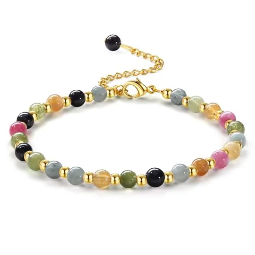Adramata Pulsera Mujer Pulseras de Piedra Natural de 5MM Pulsera de Cuentas de Acero Inoxidable de 3MM Pulsera Ajustables Chapadas en Oro Pulsera Boho de Cristal Pulsera para Mujer con Caja de Regalo
