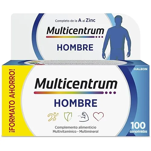 Multicentrum Hombre Complemento Alimenticio Multivitamínico y Multimineral Para Hombres, Con Vitamina C y D, Sin Gluten, 100 Comprimidos