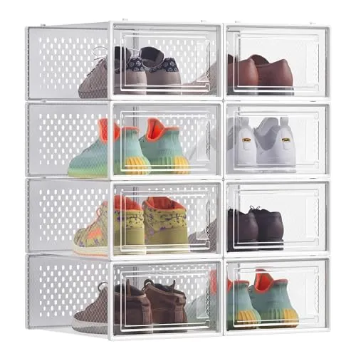 SONGMICS Cajas de Zapatos, Organizador, 8 piezas, Plegable, Apilable | Organizadores de Almacenamiento, para Zapatillas hasta talla 44, Transparente y Blanco Nube, Colección DENNYS LSP08SWT