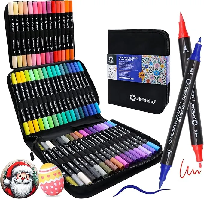 Artecho Marcadores de pintura acrílica de 48 colores con bolsa, bolígrafos de pintura acrílica con punta de pincel y punta fina para piedra, pintura de roca, papel, calabaza, madera, huevo, lienzo