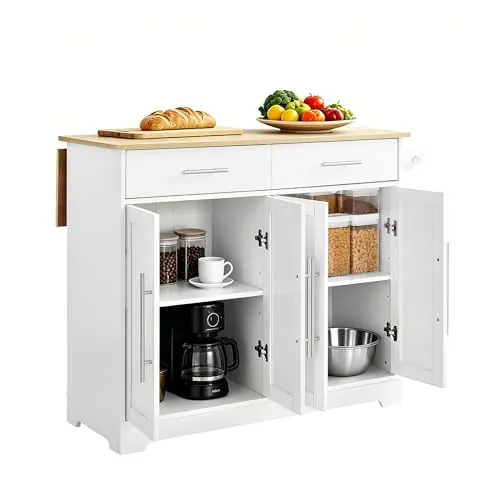 SoBuy Isla Cocina con Ruedas Carro de Cocina con Encimera Extensible Mueble Auxiliar de Cocina con 2 Cajones y Estantes Ajustables, Ideal para Cocinas Pequeñas Blanco 113 × 44–69 × 91 cm FKW129-WN