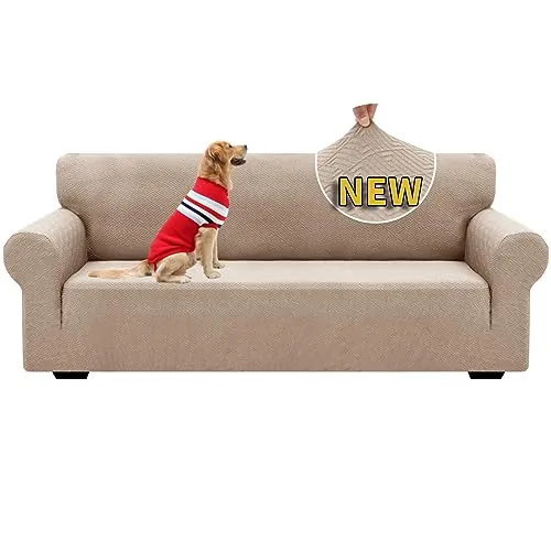 XINEAGE Funda de Sofá 3 Plazas, Fundas Sofa Elasticas para Salón, Fundas de Sofa Ajustables, Funda de Sofá Jacquard para Perros/Mascotas, Protector Sofa Antideslizante (3 Plazas, Caqui)