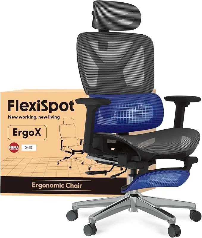 FLEXISPOT ErgoX Silla Escritorio con Reposapiés, Silla Ergonomica Escritorio con Soporte Lumbar, Respaldo 5D Ajustable, Inclinación 135°, Cojín Transpirable, Reposabrazos 3D, Ideal Oficina, Gris