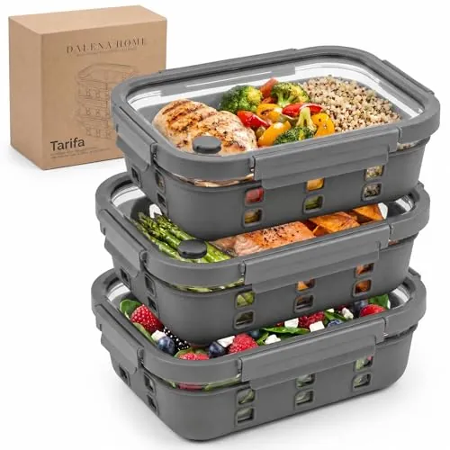Dalena Home Tupper Meal Prep 3x1520ml con Tapa Cristal, Antifugas | Funda Silicona: Antigolpes, Antideslizante, Anticalor | Válvula de Vapor | Apto Microondas | Hermético | Sin BPA