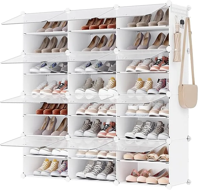 SONGMICS Mueble Zapatero Plástico, 12 Compartimentos para 48 Pares de Zapatos, con Puertas, Estructura de Acero y Estantes de Plástico, Armario para Dormitorio, Blanco Nube y Transparente LPC040W01