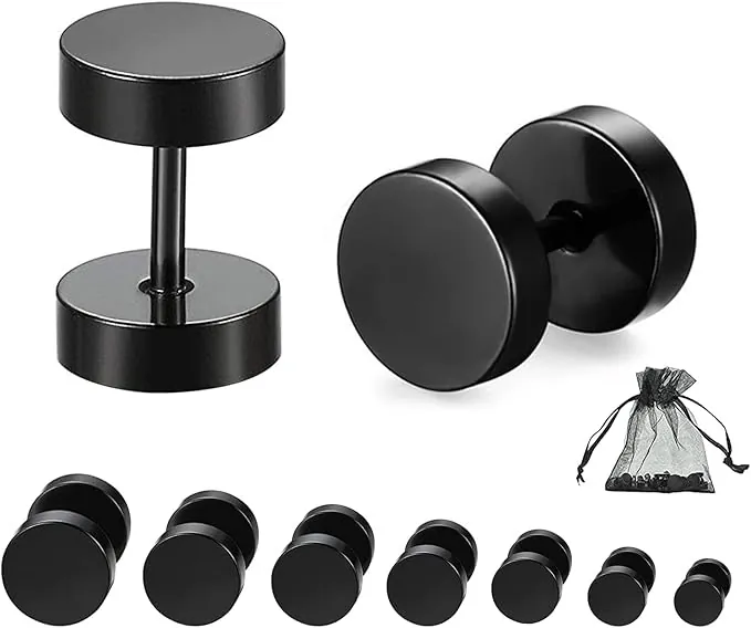 Pendientes de Acero Inoxidable, Negro - Rosca Redonda, Botón Negro 4mm-10mm - 7 Pares para Hombre y Mujer