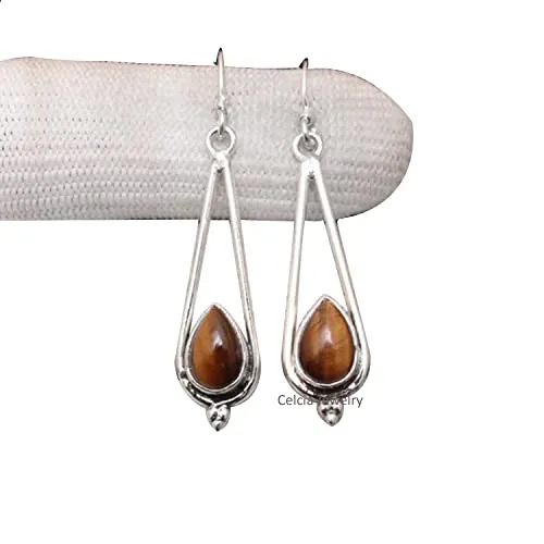 Pendientes colgantes de plata de ley 925 maciza para mujer, pendientes de diseñador hechos a mano únicos con piedras preciosas de pera de ojo de tigre genuino para ella