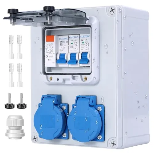 VAYALT Distribuidor de pared precableado, distribuidor de corriente para obras con interruptor FI, 25 A+LS, interruptor de protección 16 A, 2 enchufes Schuko de 230 V, carcasa resistente al agua IP67