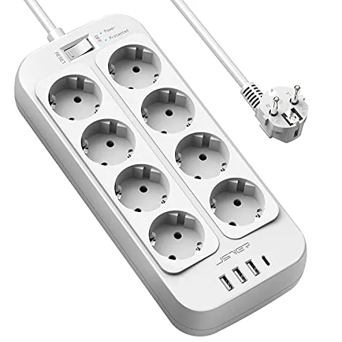 JSVER Regleta Enchufe Alargador con 4 Puertos USB(3 USB A+1 USB C) y 8 Tomas(3680W) Protección Sobretensión Multiple Carga para iPad iPhone Tablets,Cable 2m-Blanco