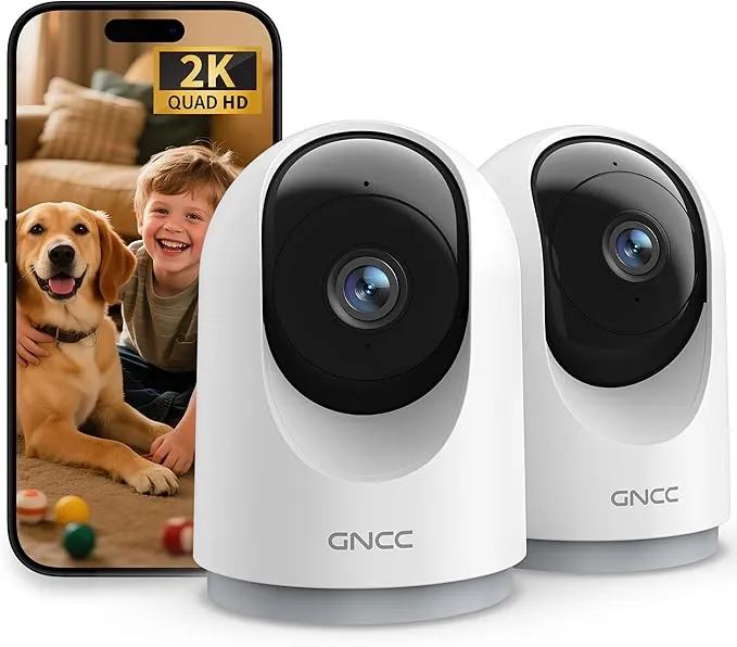GNCC 2K Camaras Vigilancia Domicilio Wifi, Camara Vigilancia WiFi Interior para Bebés/Mascotas, Seguimiento, Detección de IA, Audio Bidireccional, Visión Nocturna, Compatible con Alexa(2,4GHz)(Pack 2)