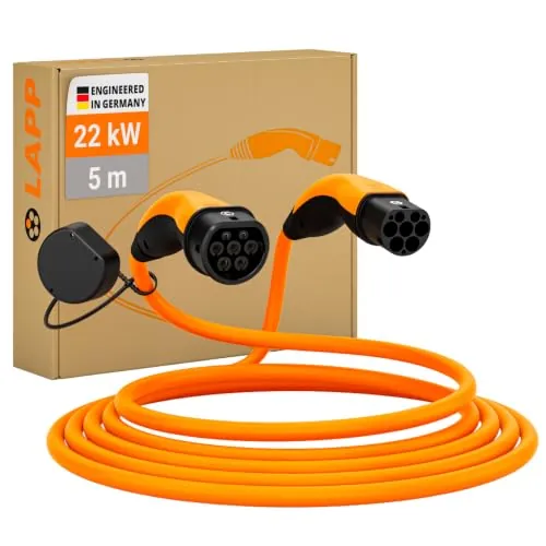 Lapp Mobility Cable Carga Coche Eléctrico Tipo 2, 22kW, 32A, Trifásico | Modo 3 - Cable de Carga Vehículo Eléctrico, Helix, Cargador EV, Portátil Cable Recarga Coche, Autorretráctil - 5m Naranja