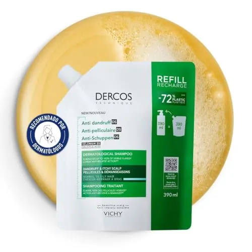 Vichy, Dercos DS, Champú anticaspa, Cabello normal a graso, Recarga, 390 ml