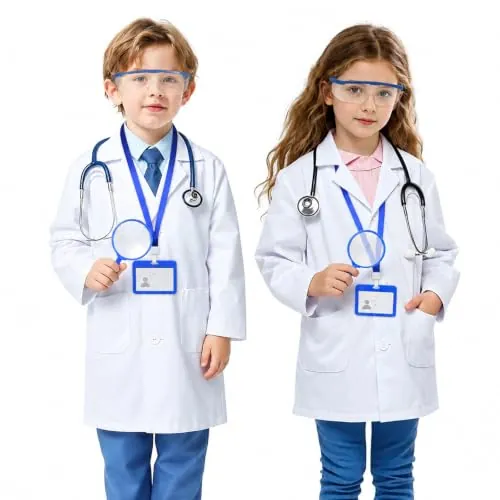 BSBUY Bata de Laboratorio Niños, Bata Blanca LaboratorioNiño Niña, con Gafas Protectoras y Permiso de Trabajo, Disfraz Doctor Niño, Bata Cientifico para Estudiant Escuela Hospital Cosplay, M