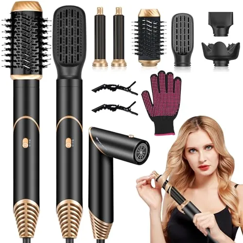 OHFAMO Moldeador de Pelo Aire 6 en 1, Secador de Pelo Plegable, Cepillo Secador de pelo, Cepillo de Aire Caliente, Rizador Automático, Alisador, Difusor Pelo Rizado para Rizos, Alisado, Volumen