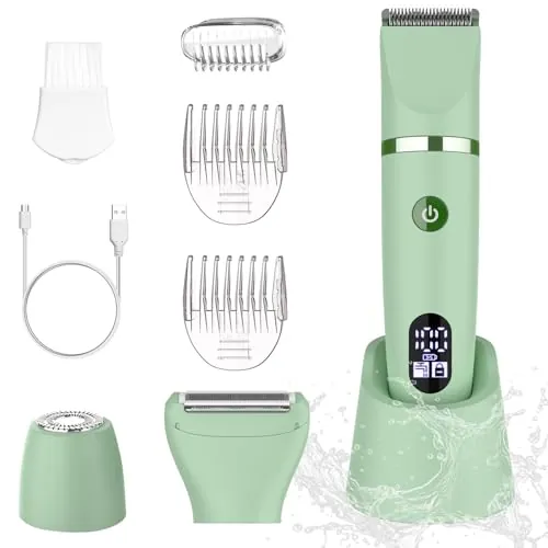 Scttomon afeitadora eléctrica para mujer cortapelos corporal para mujer recortadora para zona bikini Afeitado de piernas impermeable pantalla LCD seco/mojado 3 in 1 verde