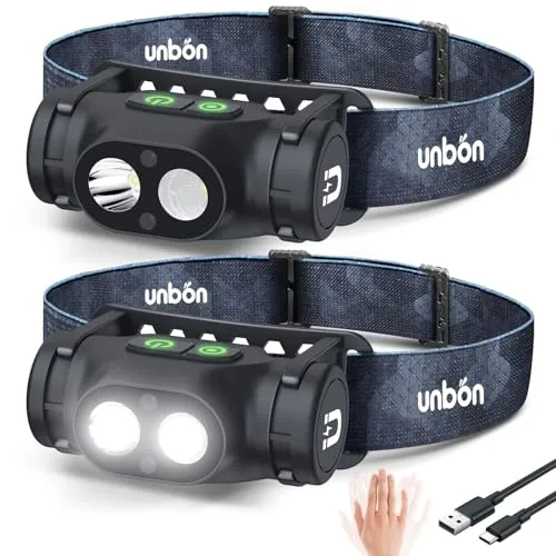 UNBON Linterna Frontal LED Recargable USB C, 2 Piezas Linterna Cabeza LED Alta Potencia con 3 Modos de Luz, Sensor Movimiento y Base Magnética, Luz Frontal Cabeza Potente Recargable Impermeable IPX4