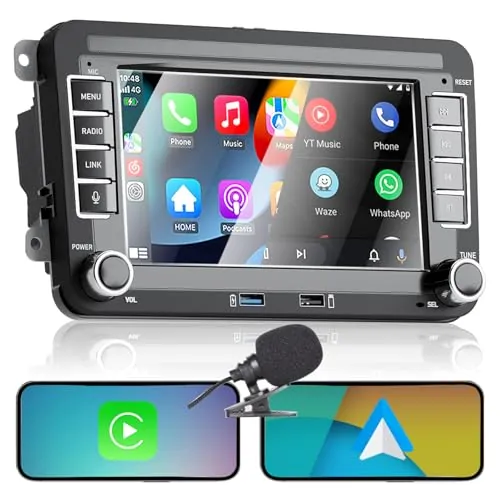 【Mejora】 Radio de Coche de Doble DIN de Coche para Golf 5 6 Passat Jetta Caddy CC Polo Tiguan EOS Touran T5 Carplay inalámbrico Android, 7 Pulgadas Pantalla Táctil con/Bluetooth/FM/Am/USB/DPS/RDS