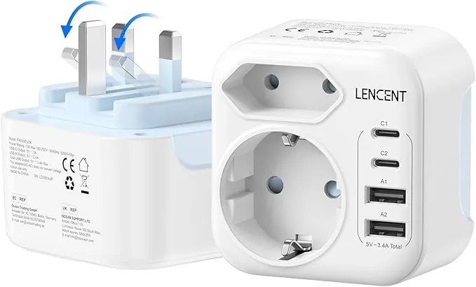 LENCENT Adaptador Enchufe Reino Unido, Cargador Inglaterra Viaje con 2 USB-C y 2 USB-A, Adaptador Europa Portugal a UK Compacto Plegable para Escocia, Irlanda, Gales, Maldivas, Gran Bretaña, Tipo G