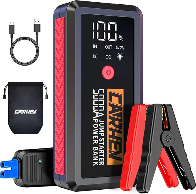 CARHEV Arrancador de Coches, 5000A Arrancador de Baterias de Coche (para 8.0L de Gasolina o 8.0L de Diésel) 12V Booster Jump Starter con Pantalla LCD, Linterna LED, Clips de Seguridad Inteligentes