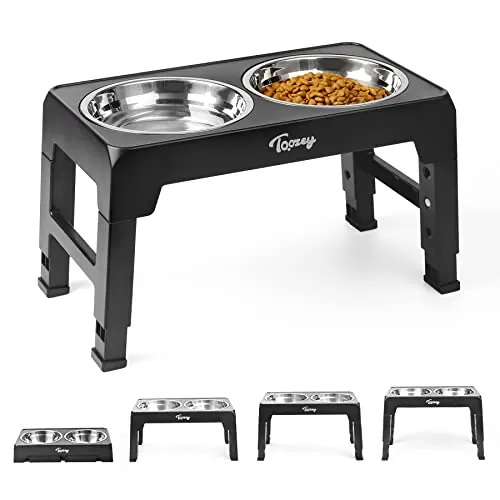 Toozey Comedero Elevado Perro con Tazones de Acero Inoxidable Dobles de 1,2 L de 4 Altura Ajustable para Alimentador de Agua y Comida para Mascotas y Gatos, Negro