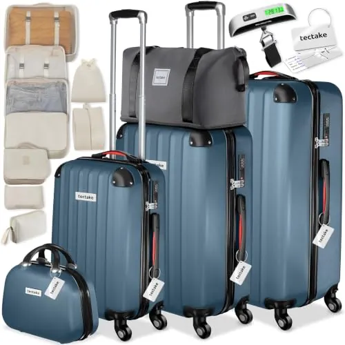 tectake® Juego de 4 Maletas Rígidas con Báscula y Etiquetas de Equipaje, 3 Trolleys, 1 Neceser y 1 Bolsa de Viaje, Set de Maletas de Viaje con Ruedas de 360º, Cerradura de Combinación - Azul