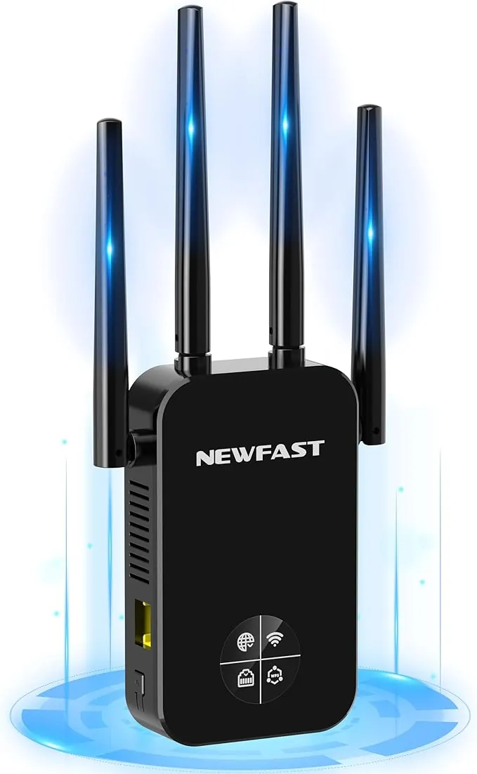 NEWFAST Repetidor WiFi Amplificador Señal WiFi 1200Mbps 5GHz Extensor Wi-Fi para Casa/Oficina, AC1200 Wi-Fi Extender Doble Banda 4X Antenas de Alta Ganancia, Puerto Ethernet, 5 Modos, WPA/WPA2