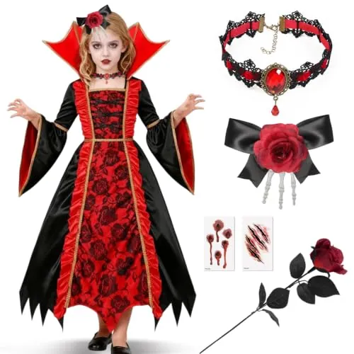 Haozozo Disfraz Vampiresa Niña, Disfraz Halloween Niña con Vestido Gótico Medieval & Accesorios Completos– Disfraces Halloween Niñas de 4 a 12 Años para Truco o Trato y Carnaval de Disfraces