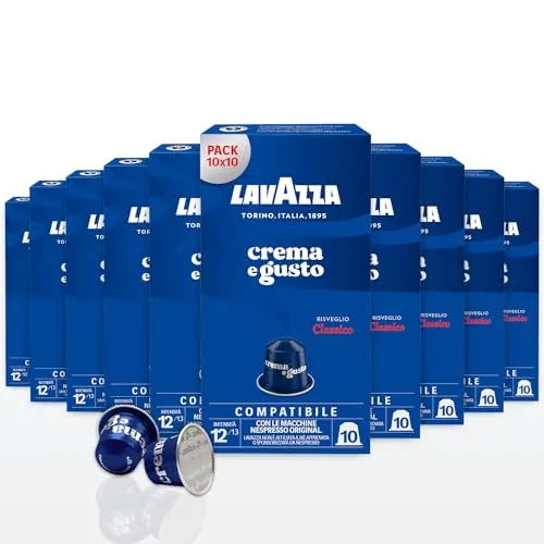 Lavazza, Crema e Gusto Classico, Cápsulas de Café Compatibles con Máquinas Nespresso Original, con Notas de Especias y Cacao, Arábica y Robusta, Intensidad 12/13, Tueste Ligero, 10 Paquetes x 10