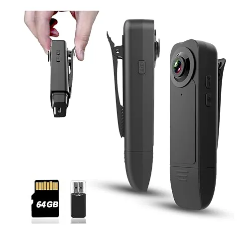 Mini Cámara Corporal con Grabación de Audio y Video - Pequeña Cámara POV 1080P con Tarjeta de 64G - Cámaras Personales Portátiles y Usables para Grabación DV - Cámara Nocturna para Seguridad, Trabajo