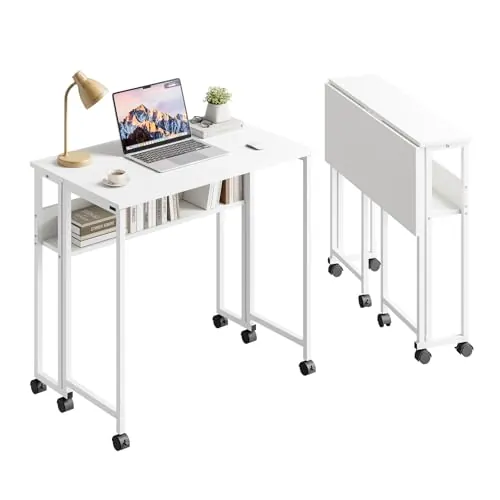 Dripex Escritorio Plegable Pequeño con Espacio de Almacenamiento y Ruedas, Ahorra Espacio, Mesa Plegable para Oficina en casa, Estudio, Blanco, 80 x 50 x 75 cm