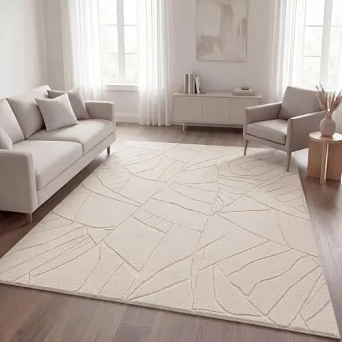 TT Home Alfombra Habitación Salon Pelo Largo Estilo Nordico Abstract Monocromo Lavable, Crema 4, 120x160 cm
