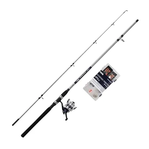 Shakespeare Salt Estuary Enforcer Combo Set; Caña y Carrete Giratorio, Incluye Caja de Aparejos Rígida, Señuelos y Aparejos para Pesca en la Costa y Aguas Cercanas, Azul/Blanco