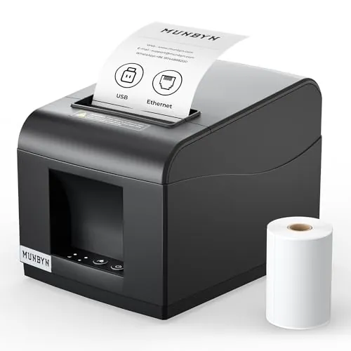 MUNBYN Impresora Tickets 80mm, Impresora Termica con Conexión USB y LAN, Impresora POS Compatible con Windows Android Chrome Linux, Soporte de Caja Registradora, con Cortador Automático, ITPP072