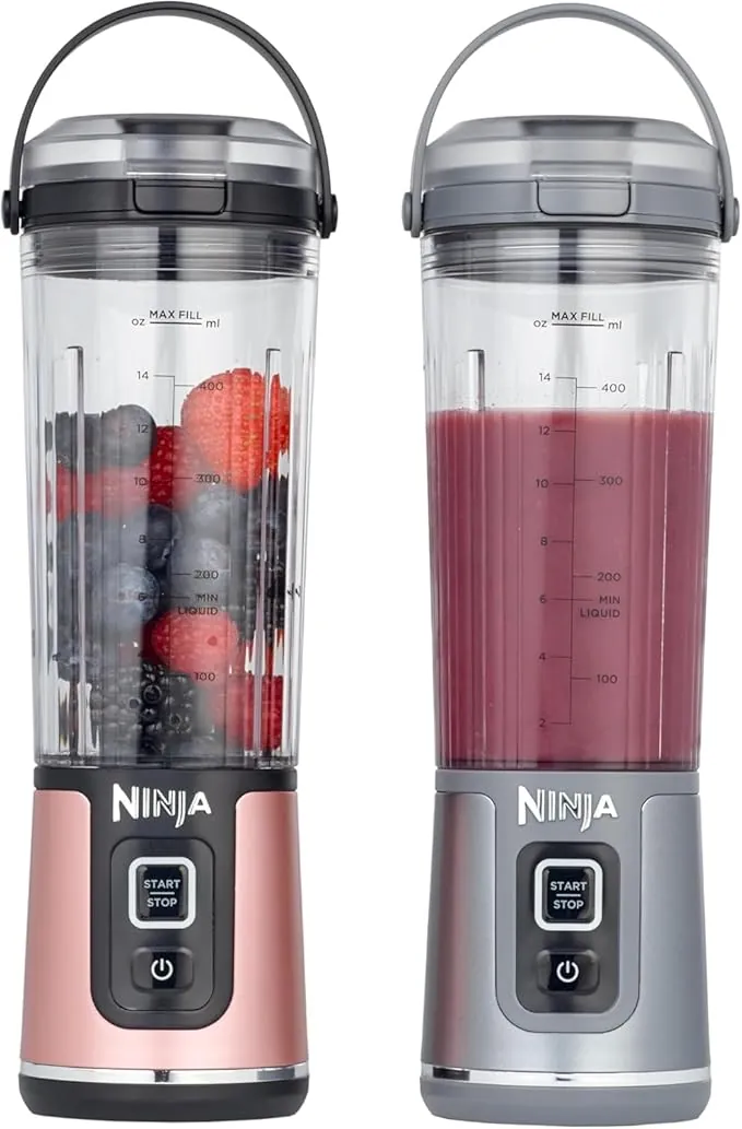 Ninja Blast 2x Batidora portátil de 530 ml, tapa a prueba de fugas y boquilla, pequeña, potente, sin cable, smoothies, batidos, hielo y fruta congelada, dorado rosa y plateado metalizado, BC151UKEUGV