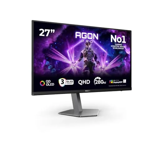 AOC Agon Pro AG276QZD2AM - Monitor OLED QHD de 27 Pulgadas, 280 Hz, 0.03 ms GtG, FreeSync Premium Pro, Compatible con G-Sync, HDR400 (2560 x 1440, 2 x HDMI 2.1, DisplayPort, concentrador USB) Negro