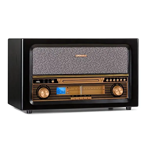 Auna Radio CD, Diseño Retro FM Radio con Sonido Estéreo y AUX, Portatil Madera Altavoces Integrados, Pantalla LC Mando Distancia, Transistores con USB y Entrada MP3 y Auriculares