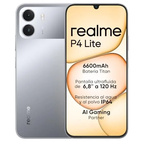 Smartphone realme P4 Lite 4G, 4GB+128GB, Pantalla LCD HD 120Hz 6,8", Batería Titan 6600mAh, Carga 15W, Carga inversa 6W, IP64 Antipolvo e Impermeable, Sistema Next IA, Gris Titan (Sin Cargador)