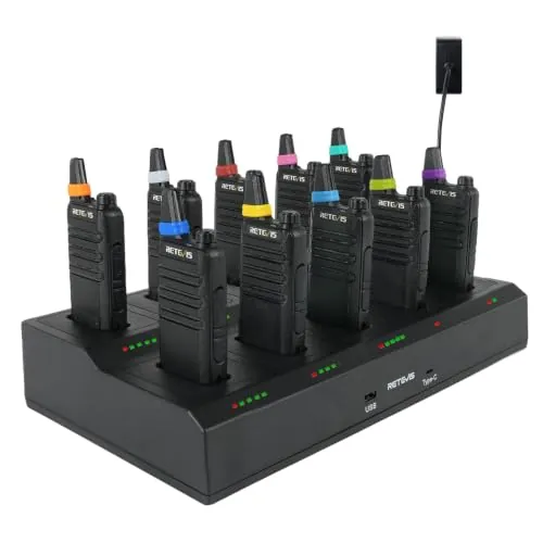 Retevis RT622 Walkie Talkie Profesional, PMR446 Mini Walkie Talkies, 10 en 1 Cargador Multipuerto, Squelch VOX, Walkie Talkie Largo Alcance para Restaurante (Negro, 10 Piezas)