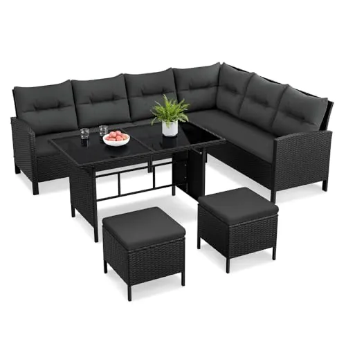 Yaheetech Juego de Muebles de Jardín 4 Piezas, Sofás de Ratán para Exterior con Mesa de Vidrio Templado Mesa y Sillas para Balcón Terraza Patio, Negro/Gris
