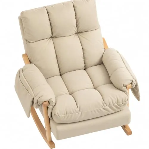 HOMCOM Silla Mecedora de Cuero Sintético Bolsillos Patas de Madera Beige