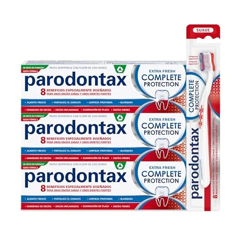 Parodontax Complete Protection Extra Fresh, Para el Sangrado de Encías, Pack de 3 Pastas de Dientes con 1 Cepillo de Dientes Suave