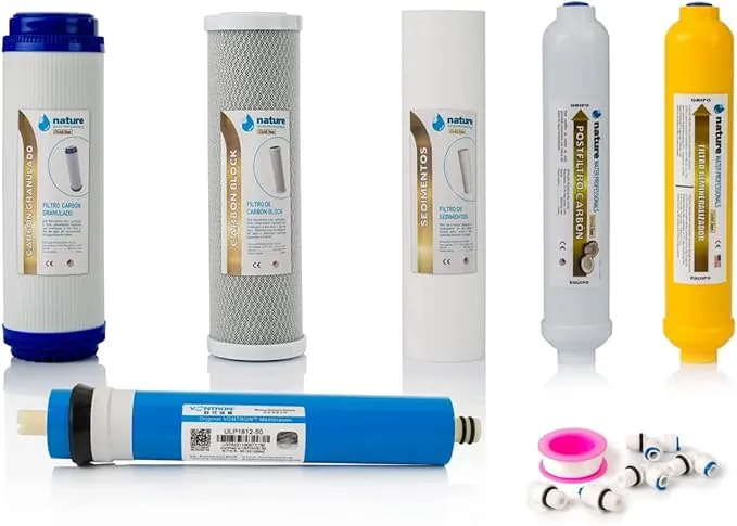 Kit de 5 Filtros Universales para Osmosis Inversa - Incluye Membrana Vontron de 50GPD, Rollo de Teflón, Conectores y T - Ideal para Equipo de 6 Etapas Universal - Nature Water Professionals