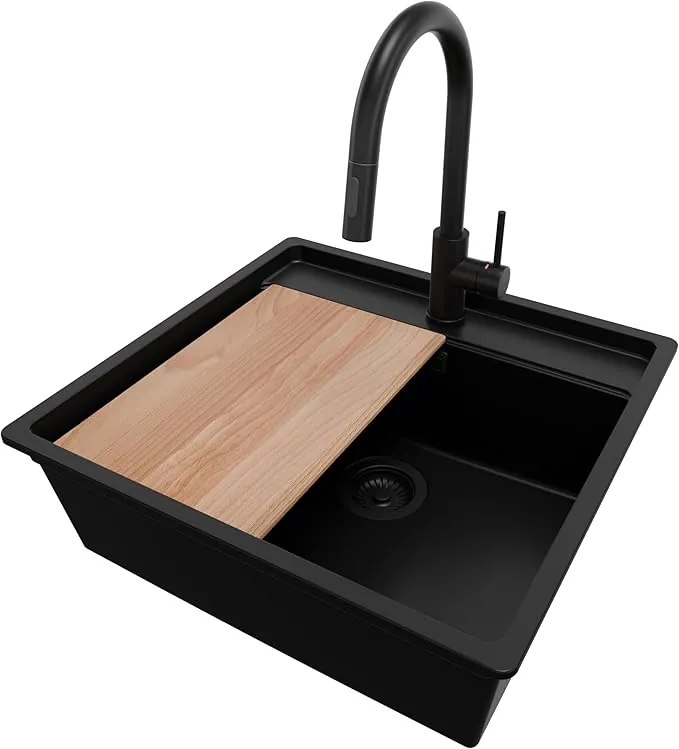 PRIMAGRAN Fregadero Granito Todo Negro 56x53cm, Cocina 1 Seno + Grifo 40x20cm + Sifón + Tabla de cortar, Sobre encimera al mueble 60cm - Bergen S047