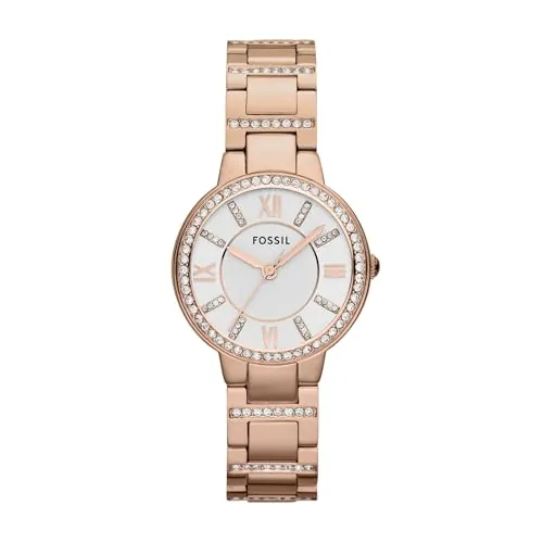 Fossil Virginia Reloj para mujer, movimiento de cuarzo con correa de acero o piel, Tono oro rosa y blanco con purpurina, 30MM