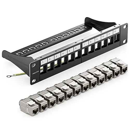 deleyCON 12 Puerto Panel de Parches Conjunto Modular 1 HE 10" Pulgadas Instalación en Rack + 12 Módulos RJ45 Keystone CAT6a Compatible con CAT5 CAT6 CAT7 LAN Cables de Red Cables de Descarga Negro