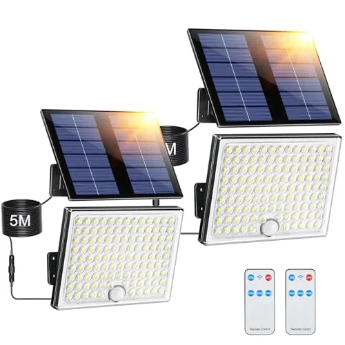 Giliwosy Focos Led Exterior Solares, Luz Solar Exterior con Sensor de Movimiento con Control Remoto, 2000mAh Batería Recargable, 4 Modes, IP65 Impermeable, Cable de 5M, Luces Led para Jardín, 2 Piezas