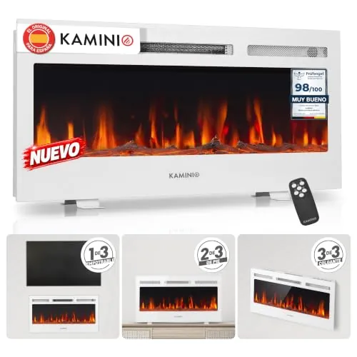 KAMINIO® Marlon Pro 36 Chimenea eléctrica Decorativa con Calefactor | 3 en 1 chimenea eléctrica empotrable, colgante o de pie, con calefactor, termostato, temporizador, mando a distancia, blanco