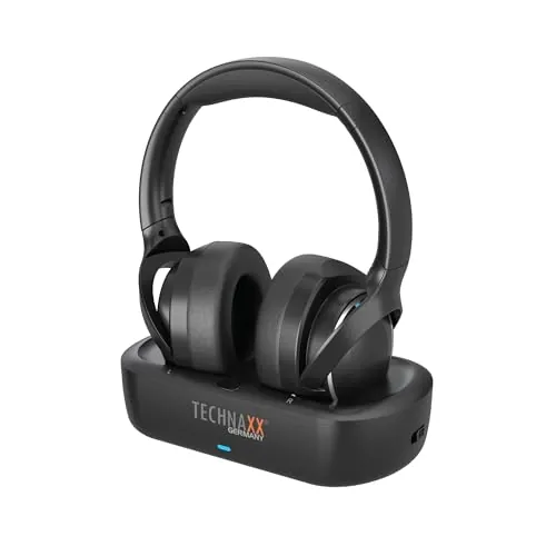 Technaxx Auriculares TV inalámbricos con Base de Carga – Cascos Bluetooth 5.4 Over-Ear con micrófono, 30h batería, USB-C, Entrada óptica y AUX – Ideales para televisión, Mayores y música - TX-350